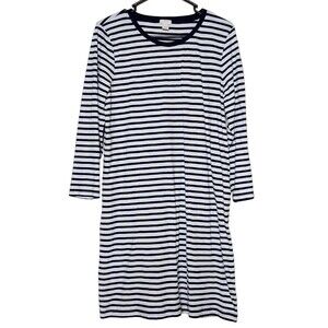 J Crew Womens L T-Shirt Dress 3/4 Sleeve Striped Navy Blue White 100% Cotton
